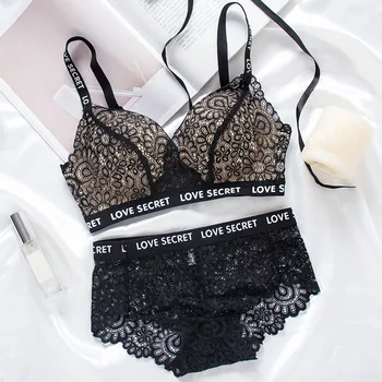 

Letter Straps Lace Bras Underwear Set For Women Push Up Thicken 3/4 Cup Bralette Adjustment Gathered Underwear Set M