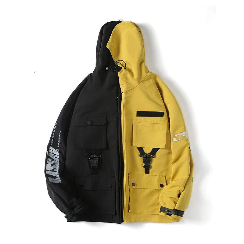 

YUECHEN Autumn And Winter New Men's Loose Solid Color Four Pocket Letter Print Hooded Jacket Polyester Fabric Comfort