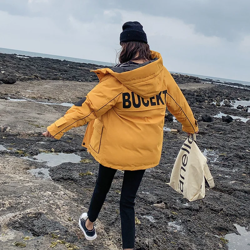 

2019 Winter New Style South Korea Dongdaemun Loose-Fit Slimming Printed Letter Hooded Army Workwear down Jacket Cotton-padded Cl