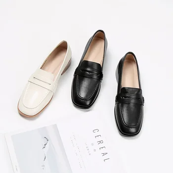 

Mordoan Genuine Leather women shoes one-pedal thick heel loafers female British retro flat bottom all-match women's single shoes