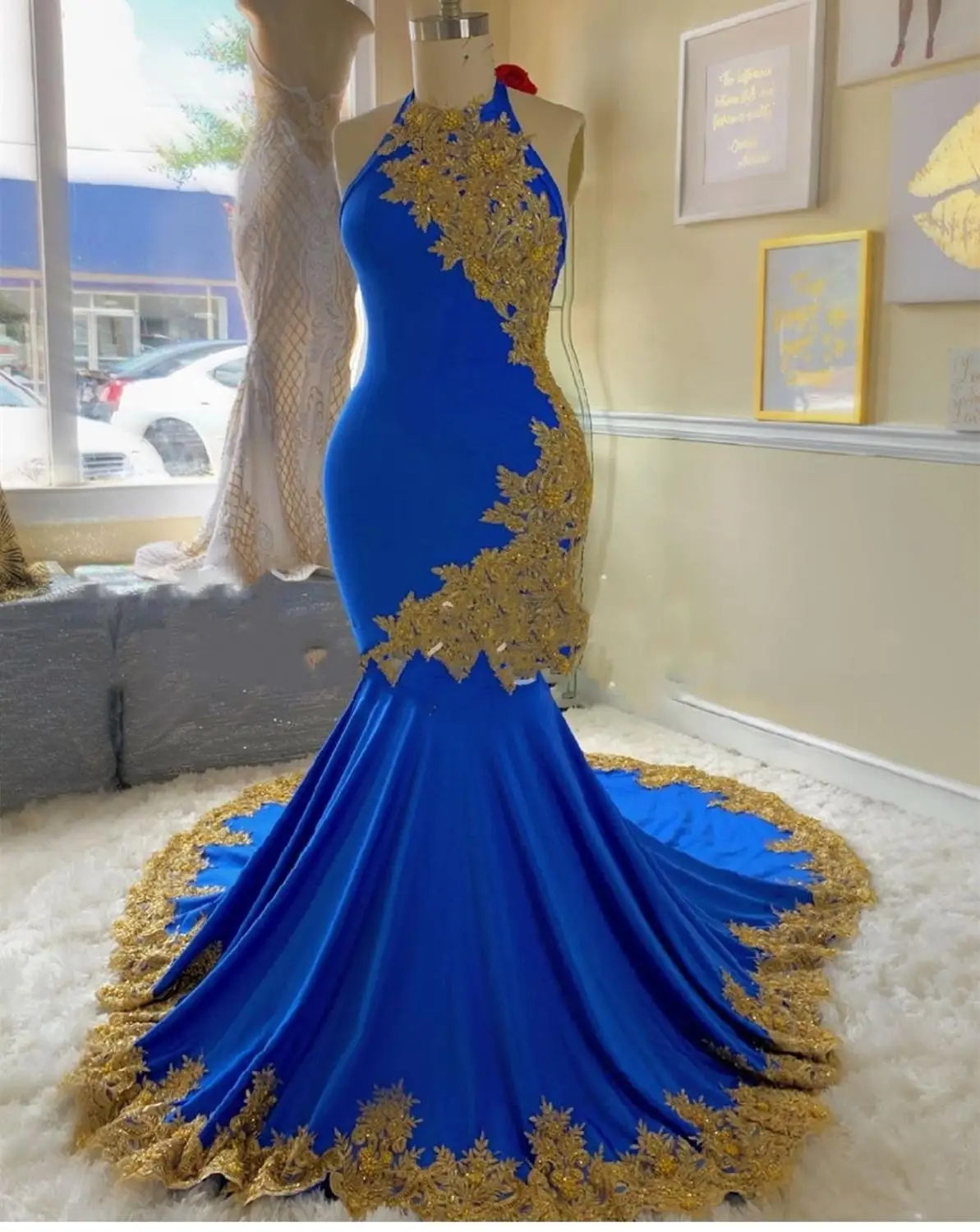 Платье для выпускного вечера с голубыми розами, Золотое кружевное платье с аппликацией со шлейфом, платье русалки без рукавов для женщин, Африканские элегантные вечерние платья, распродажа