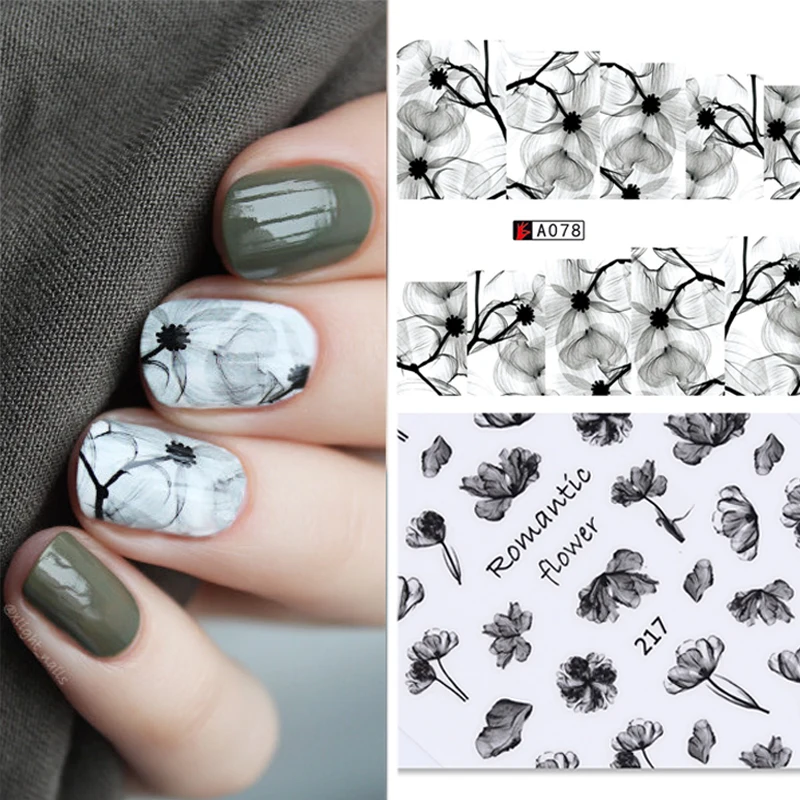 1 лист черные чернила цветок 3D стикер для ногтей s или переводная наклейка для воды романтическая живопись Красота ногти аксессуары украшения Советы