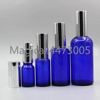 

2/10pcs 5ml 10ml 15ml 20ml 30ml 50ml 100ml Empty Blue Essential Oil Bottle with Silver Emulsion Press Pump Cap Lid & Outer Cover