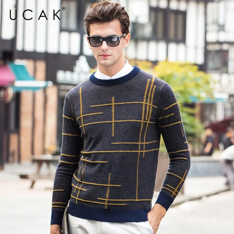 

UCAK Brand Pure Merino Wool Sweater Men 2019 New Arrival Autumn Winter Soft Warm Pullover Men Striped Cashmere Pull Homme U3063