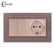 Coswall цинковый сплав металлическая панель Россия Испания настенная розетка стандарта ЕС+ 2 банды 1 способ включения/выключения светильник переключатель тиснение Ретро рамка
