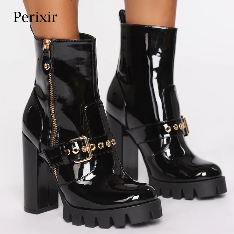 New Spring Autumn Women Shoes Black Block High Heels Boots PU Leather Zipper Buckle Platform Ankle Boots Chunky Heel 12 CM