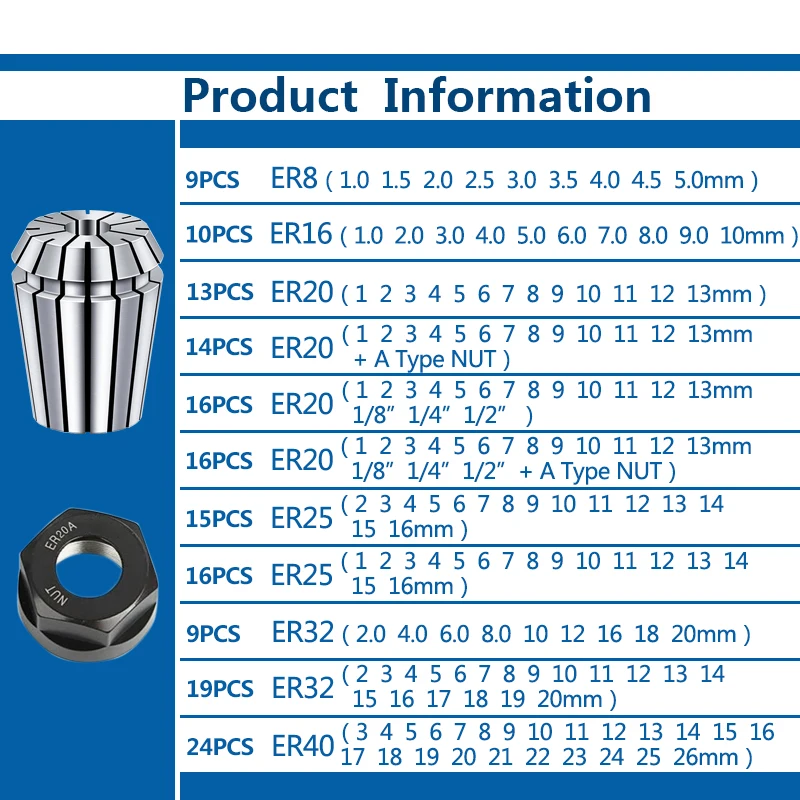 XCAN Spring Collet Precision Collet Chuck Set ER8 ER16 ER20 ER25 ER32 ER40 For CNC Engraving Machine Milling Lathe Tool Holder