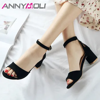 

ANNYMOLI Ankle Strap Shoes Women Buckle High Heel Sandals Thick Heels Dress Lady Footwear Female Sandals Summer Pink Big Size 43