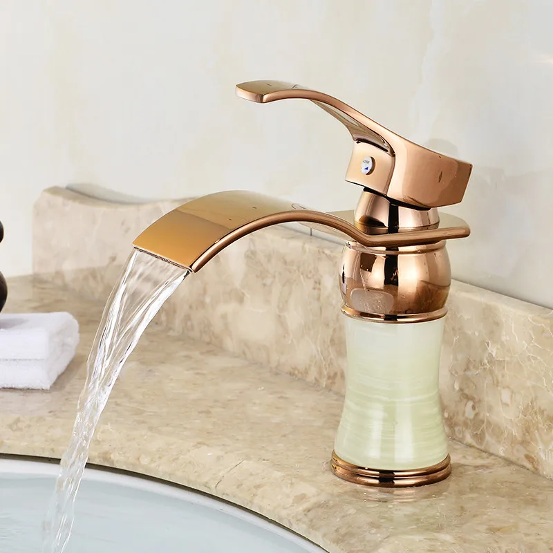 

Basin Faucets Brass & Jade Sink Mixer Taps Hot & Cold Single Handle Lavatory Crane Waterfall Tap Rose Gold/Gold Free Shipping