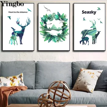 

Fresh Nordic style elk and green leaf diamond painting 3 pcs set Triptych Painting Art Aisle Living Room Unique home Decoration