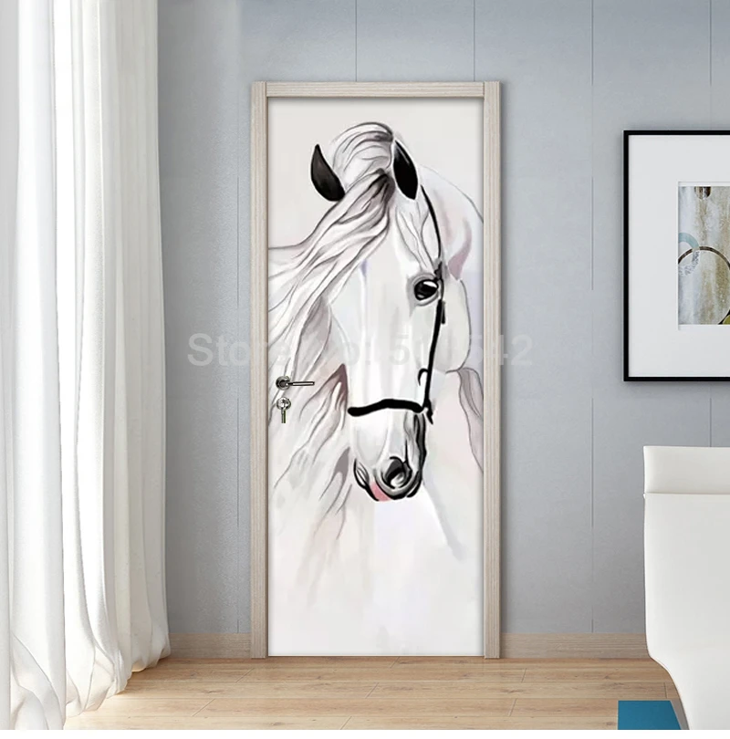 Самоклеющиеся 3D наклейки на дверь ручная роспись Белая лошадь абстрактное искусство картина для спальни кабинет украшение для двери обои декор
