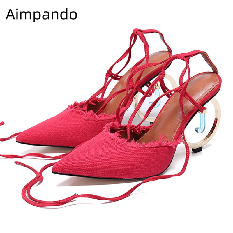 

Metal Round Circle Letter Heel Sandals Women Sexy Pointed Toe Ankle Wrap Hemp Genuine Leather Strange Heel Party Shoes Woman
