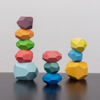 

Wooden Colored Stone Building Blocks Creative Nordic Style Stacking Game Jenga Rainbow Wooden Stone Educational Wood Toy Gift