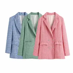 Xnwmnz za casaco de outono feminino casaco xadrez dupla breasted pequeno perfumado vento jaqueta entalhada gola manga comprida roupa de exterior