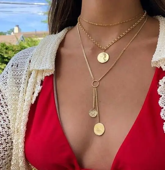 

European new 3-layer head seal long Necklace retro fashion simple wafer multi-layer Necklace women ins style