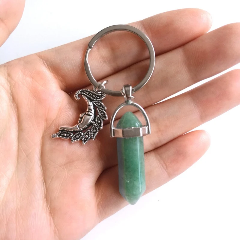Natural Stone Hexagonal Column Keychain For Women Pink Quartz Crystal Stone Key Chains With Sun Moon Charms Trinket Couple Gift - Цвет: Green Moon