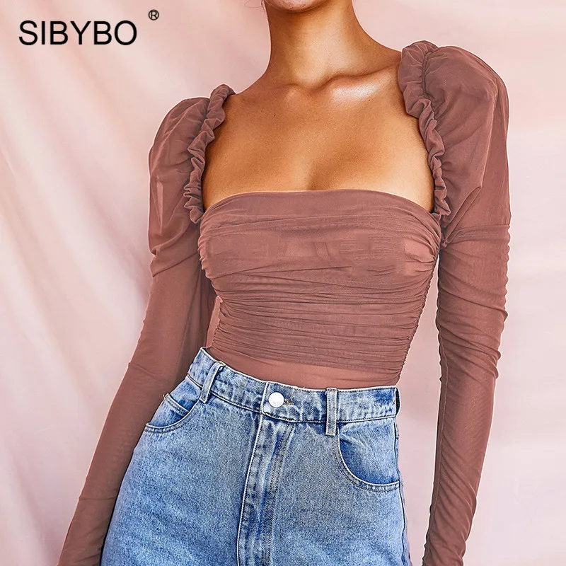 Miglior SIBYBO Maglia Trasparente Skinny Sexy Tuta Maglia A Manica Lunga delle Donne del Collare Quadrati Body e Pagliaccetti Backless Locale Notturno Della Tuta Della Tuta