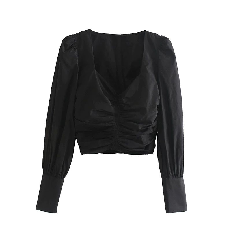 

Sexy Black Shirt Women Autumn Short Pullover Shirt Casual Sweet Female Shirts Thin Loose Ladies Full Puff Sleeve Slim Tops