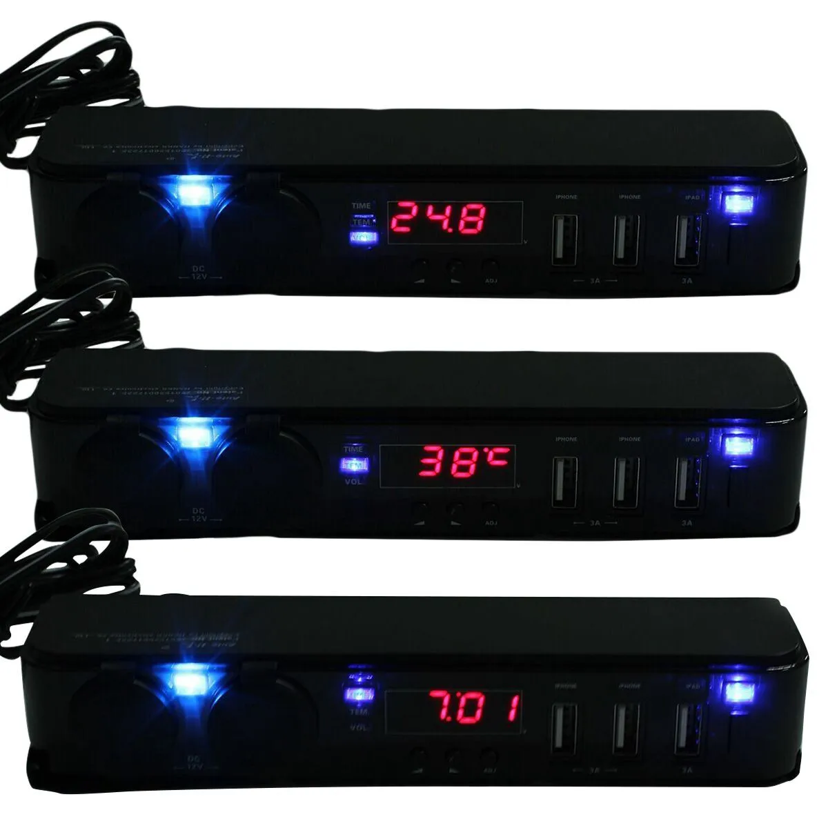 Автомобильный прикуриватель USB для автомобильного телефона зарядное устройство подголовник Температурное напряжение дисплей заднее сиденье зарядное устройство для мобильного телефона 12 В/24 В