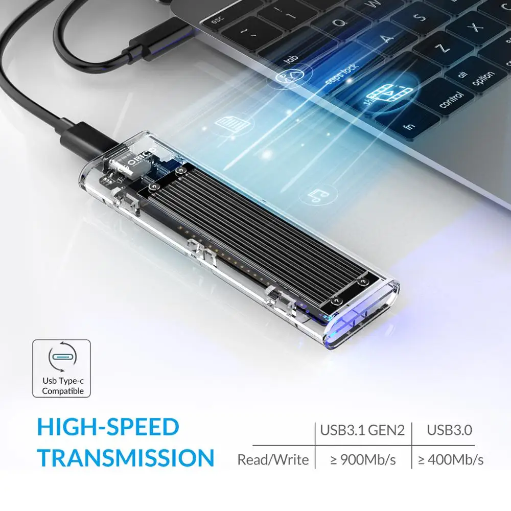 ORICO M.2 SSD Case NVME SSD Enclosure M.2 to USB TypeC Transparent Hard Drive box for NVME PCIE M Key M2 2230 2242 2260 2280 SSD