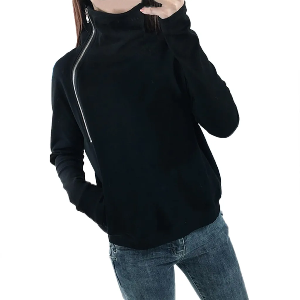 

Fashion Autumn Pullover Sweatshirt Solid Color Turtleneck Long Sleeve Thick Warm Tops With Zipper Sweatshirt Tops #F