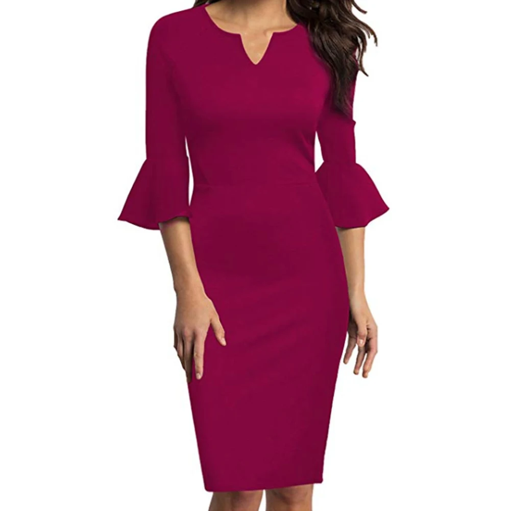 Миди шоппинг вечернее платье длиной до колена элегантное женское платье y-образный вырез сплошной пакет бедра три четверти рукав Высокая талия путешествия работа - Цвет: Rose Red