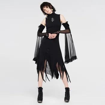 

PUNKRAVE Women's Gothic Darkness Magic Irregular Hem Half Dress Minimalist Style Stretch Knit Slim High Collar Sleeveless Dress