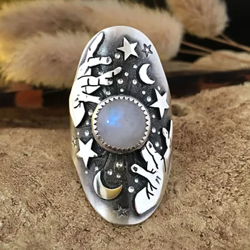 

New Fashion Vintage Charming Star Moon Ring jewellery Round stone Ethnic Rings Totem Boho Rings for women Gift Jewelry