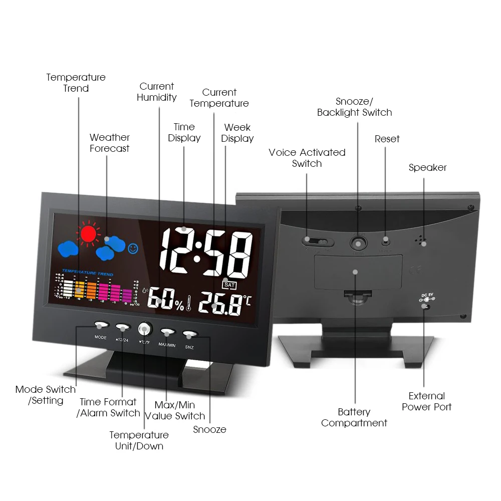 Метеостанция, автомобильный термометр, ЖК-дисплей, цветной экран, для помещений, температура, влажность, календарь, wiith UBS, кабель, универсальный будильник