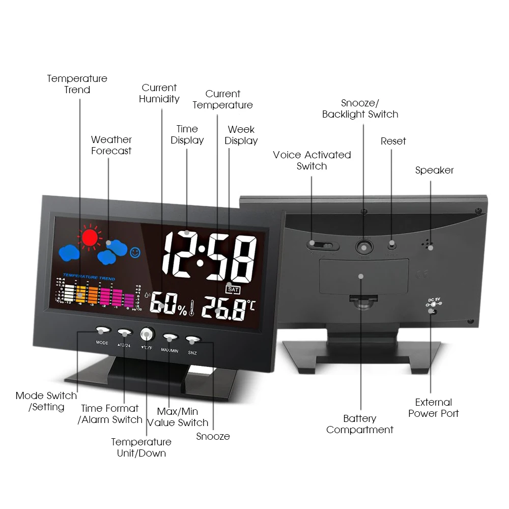  Weather Station Car Thermometer LCD Color Screen Indoor Temperature Humidity Calendar wiith UBS Cab