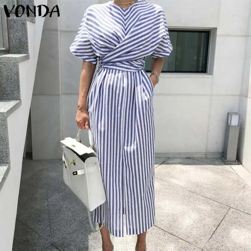 VONDA Elegant Striped Dress Women Casual O Neck Short Sleeve Mid-Calf Dresses Bohemian Beach Sundress Plus Size Loose Vestidos VONDA Elegant Striped Dress Women Casual O Neck Short Sleeve Mid-Calf Dresses Bohemian Beach Sundress Plus Size Loose Vestidos