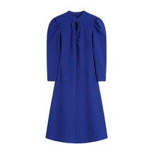 

Klein Blue Chinese Cheongsam Skirt Female Hollow Design Puff Long-sleeve Dress Spring Autumn New Over The Knee Frocks For Women