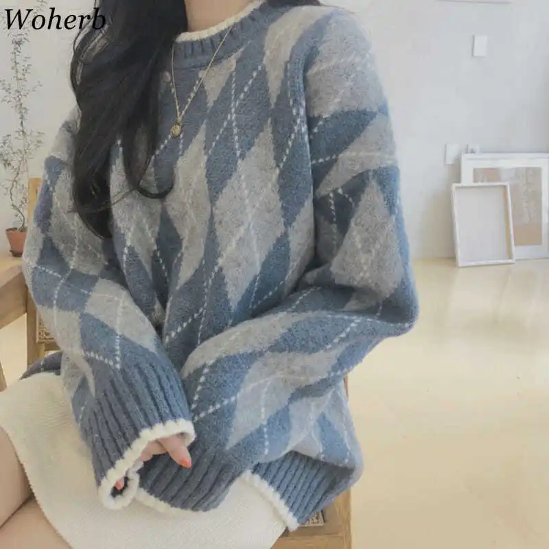 Woherb Pull Femme корейский винтажный свитер женский клетчатый пуловер с длинным рукавом повседневные свободные Джемперы Осень Зима Новая мода 91068