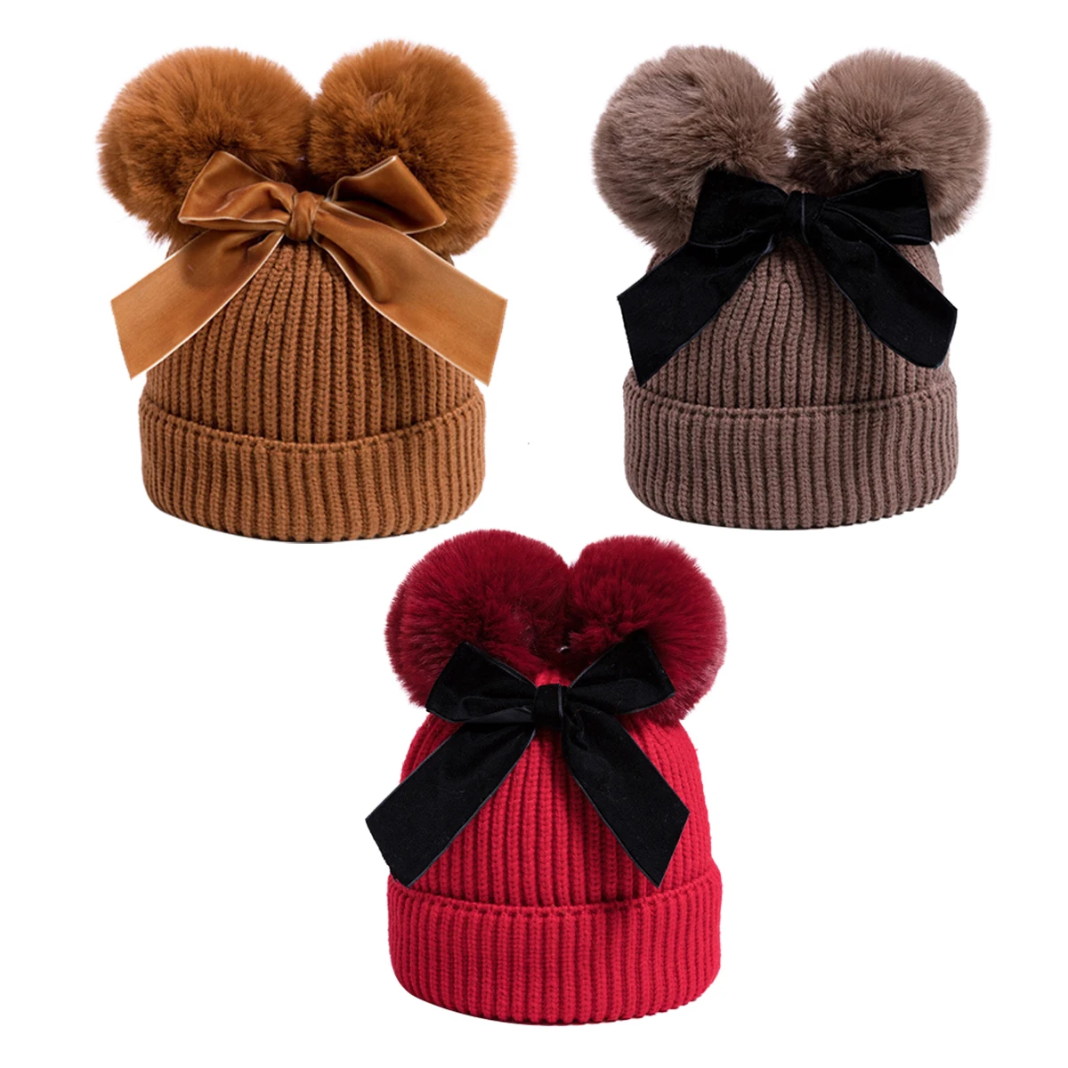 

2020 New Winter 6-24M Baby Girls Knitted Hat Lovely Bowknot Double Pom Pom Warm Beanie Cap Yellow/Red/Brown