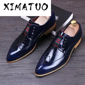 

men luxury casual wedding nightclub dress patent genuine leather shoes pointed toe brogue flats shoe slip on loafers oxford male