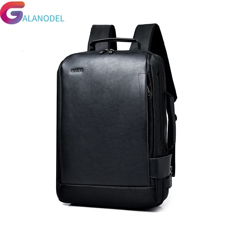 

15.6 Inch Notebook Backpack Black Contractive Leather Backpack for Men USB Charging Male Travel Backpack Nylon mens rucksacks