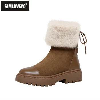 

SIMLOVEYO Women Ankle Warm Fur Snow Boots Round Toe Square Heels 5cm Cow Suede Plush Lace-Up Warm Non-slip Size 40 Winter B2132