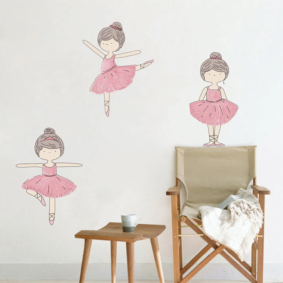 3 Pcs/ Set Ins Style Cartoon Ballet Girl Wall Stickers Dancing Decals For Kids Rooms Girl's Bedroom Dance Room Home Decor | Дом и сад