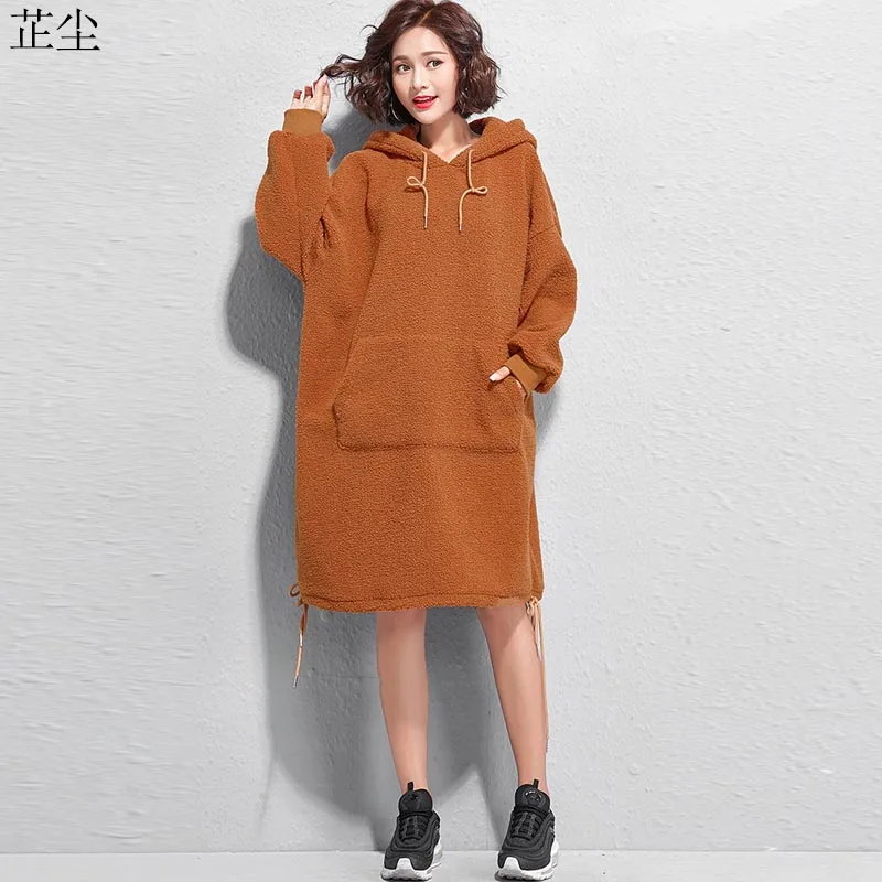

Women Sweatshirt Dress Long Sleeve Plus Size Warm Thicken Lambswool Winter Hoodie Ladies Hooded Loose Lamb Long Hoodies 5XL 2019
