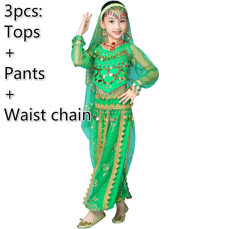 3pcs green Костюм для танца живота, комплекты для девочек, детское платье для индийского танца, детская танцевальная одежда Для Болливуда, одежда для восточных танцев - Цвет: 3pcs green