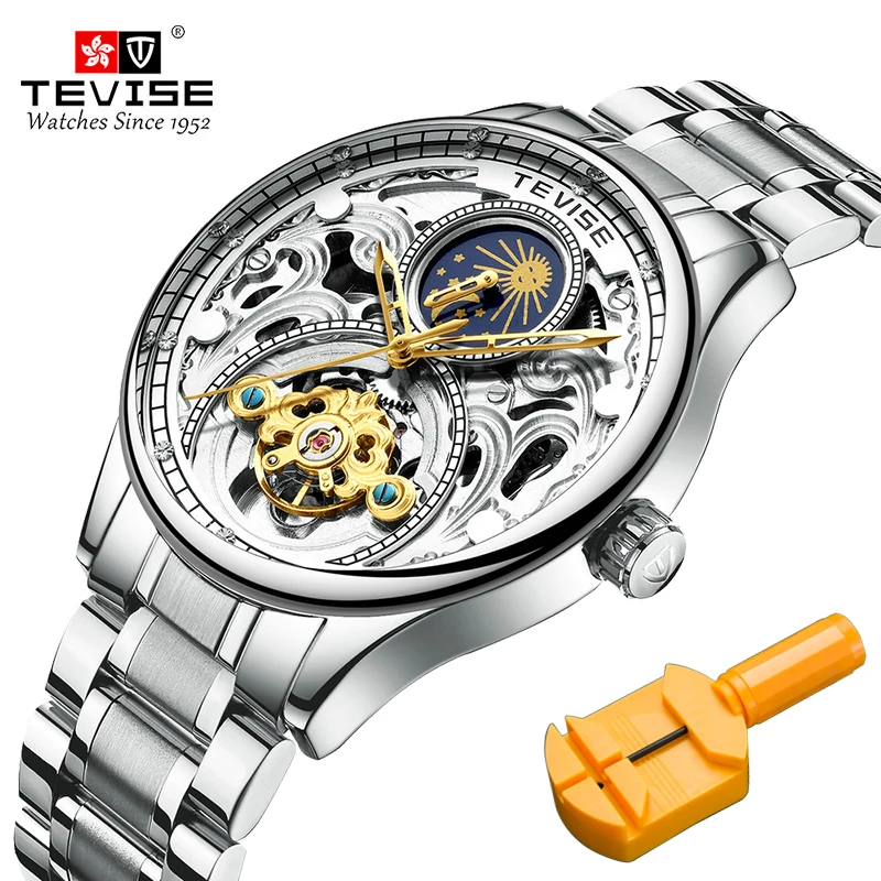 

TEVISE Royal Skeleton Mens Mechanical Wristwatch Luxury Full Stainless Steel Moon Phase Automatic Watch Steampunk Male Clock