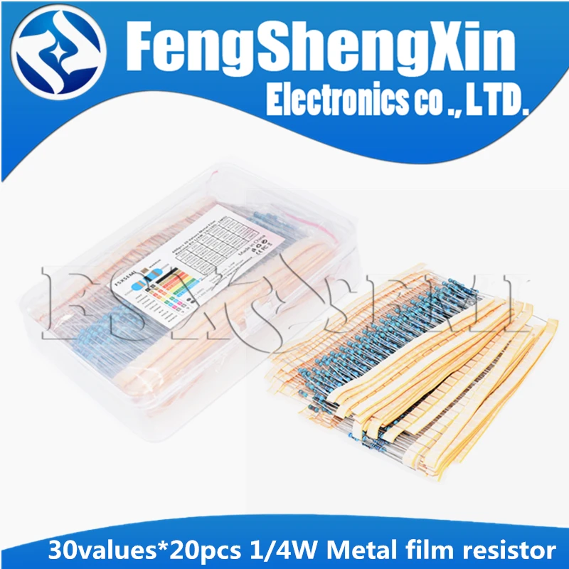 30values=300pcs 600pcs 1/4W  0.25W 1% Metal Film Resistor Assortment Kit Set pack electronic diy kit  (10R~1M) free shipping