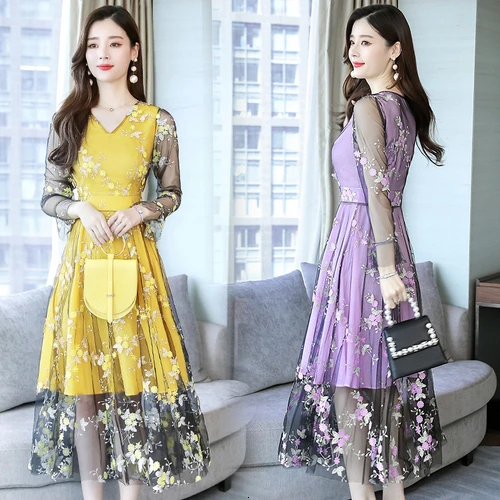 

2019 Summer Plus Size Lace Maxi Dress Embroidered Yellow V-neck Fashion Temperament Long Sleeve Autumn Office Lady Work Dress