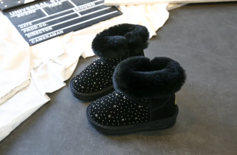 winter kids snow boots baby girls crystal shoes genuine leather fur pink ankle boots school children warm plush boots