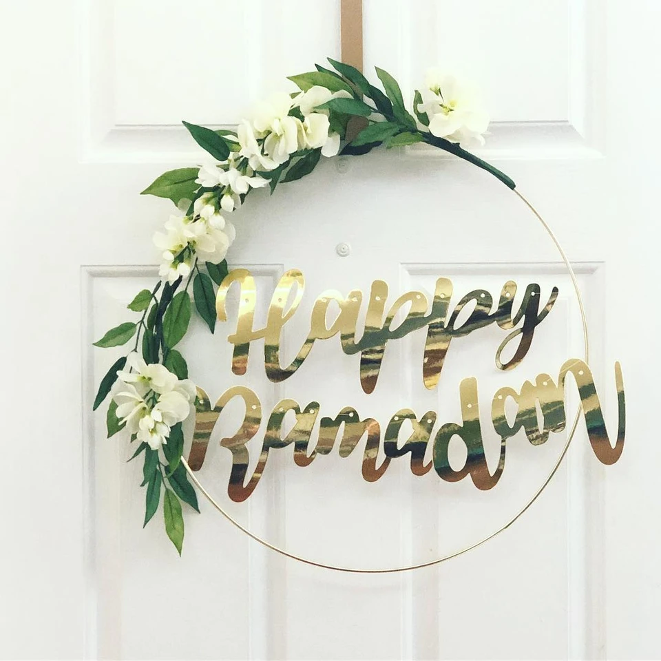 Eid Ramadan Kareem Wreath - 10" Artificial White Flower Garland, Wooden, For Front Door, Wall, Window, Home Decoration - View #4