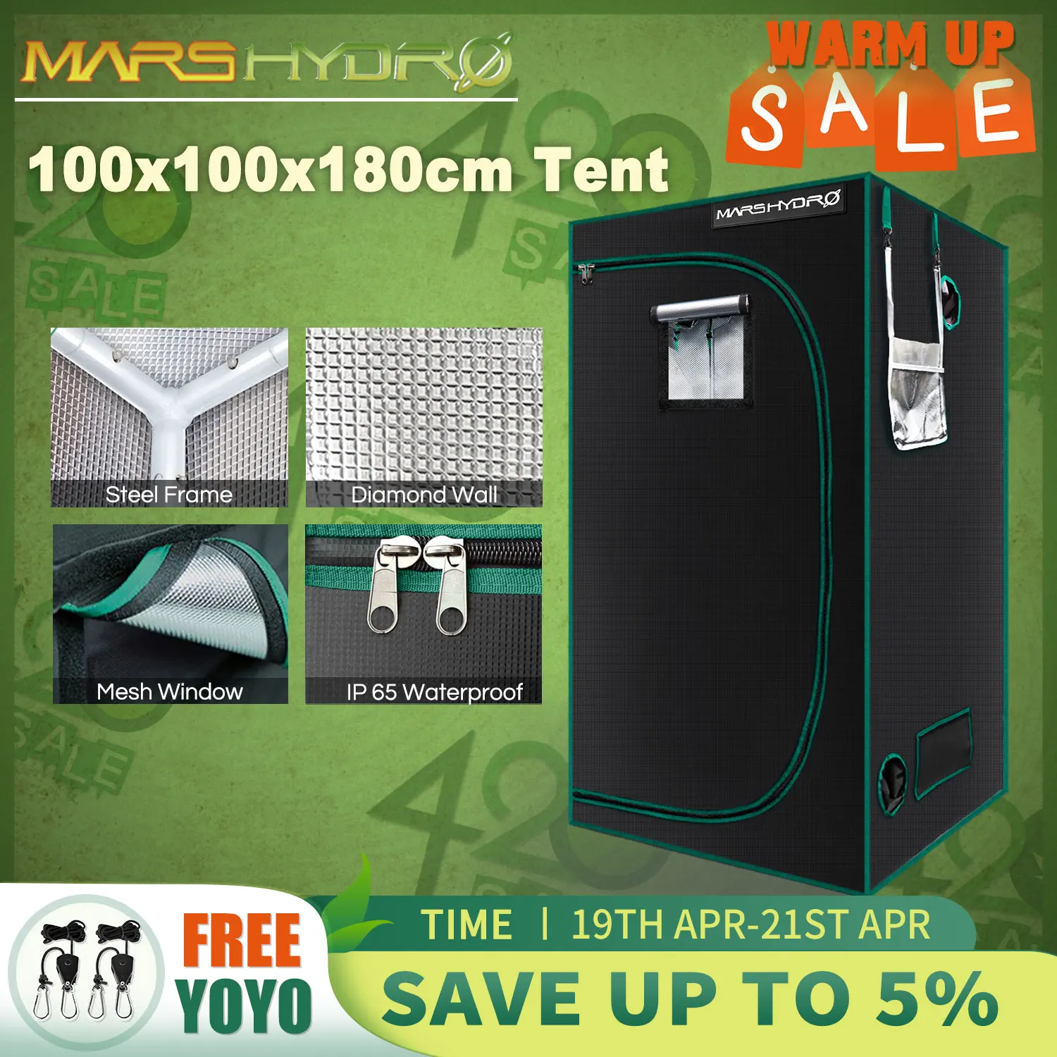 Mars Hydro Reflective Mylar Grow Tent 1680D 100x100x180cm Growing Tent for Plants Grow Kit (39''x39''x70'')
