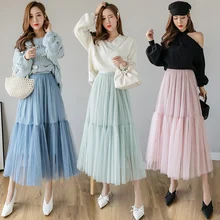 Летняя модная свободная плиссированная юбка, Женская длинная юбка с высокой талией, юбка макси из тюля и сетки, женские юбки для вечеринок, черные, бежевые