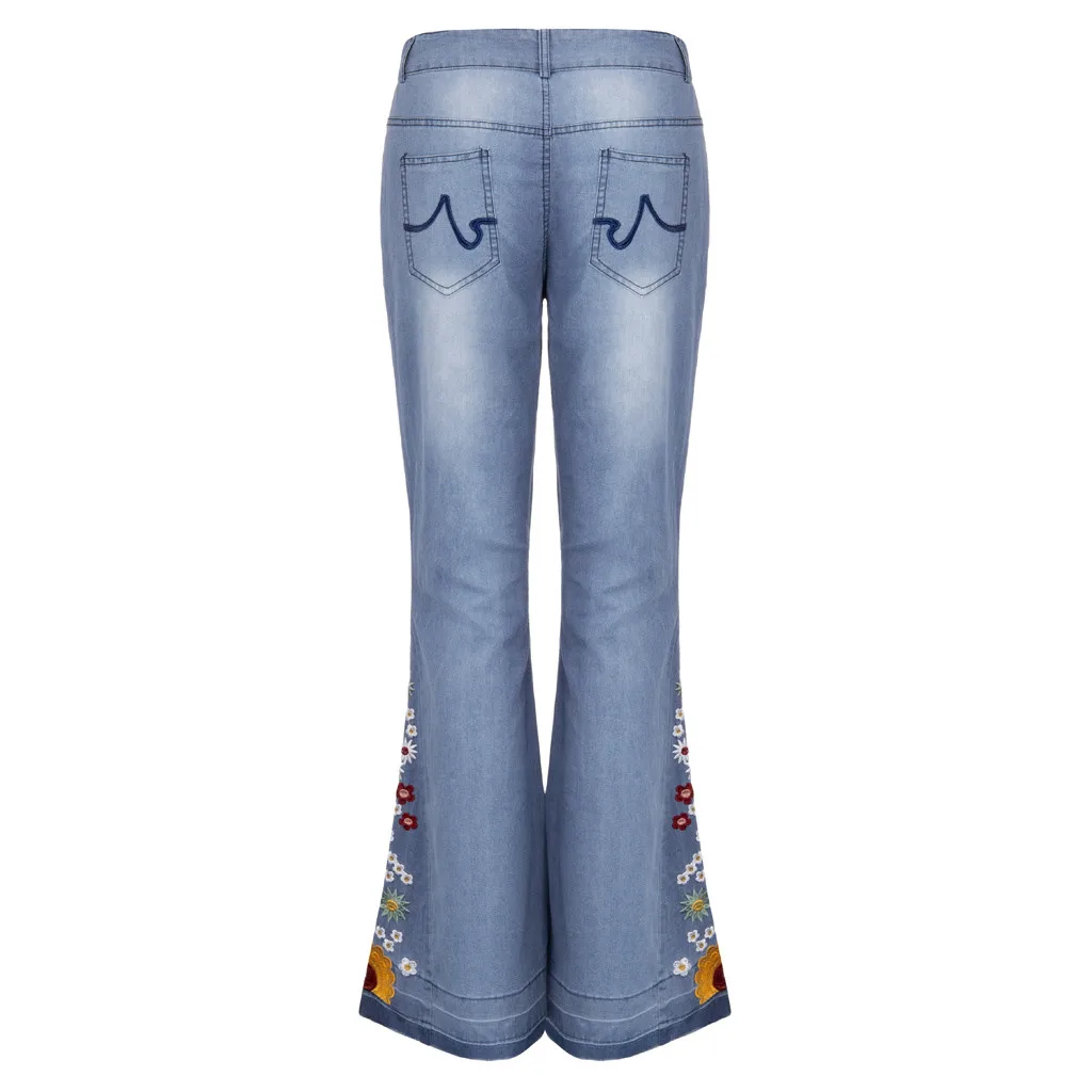 Women's Jeans Embroidery Slim Stretchy Denim Waist Jeans Oversized Long Flare Pants Light Blue Trousers For Women#J30