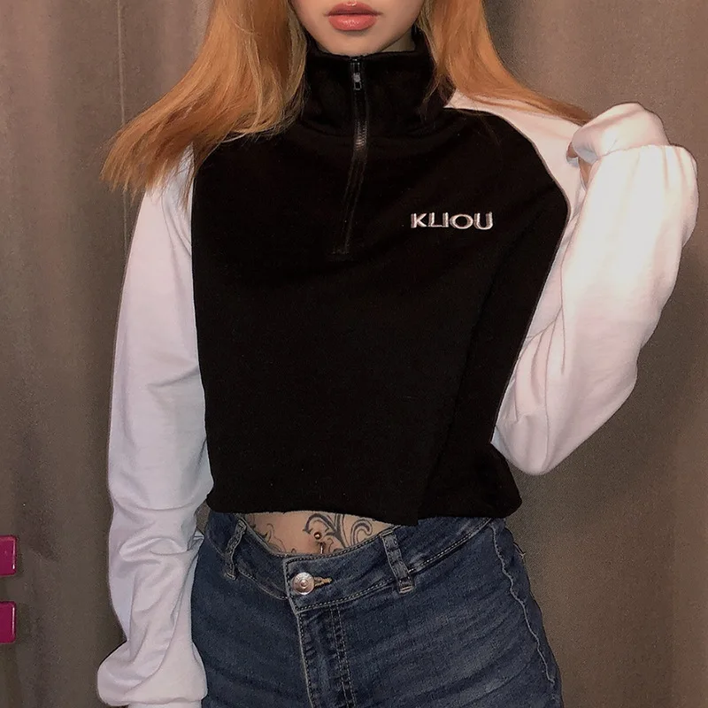 

Women Hoodies Tops Letter No Hooded Sweatshirt Streetwear Casual Turtleneck Female Zippers Long Sleeve Pullover Moletom Sweaters