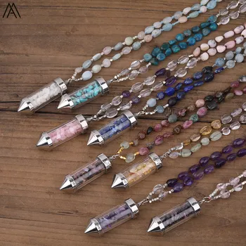 

Natural Stone Chip Beads Hexagonal Point Wishing Bottle Pendant White Quartz Stone Nugget Beads Cord Knotted Handmade Necklace